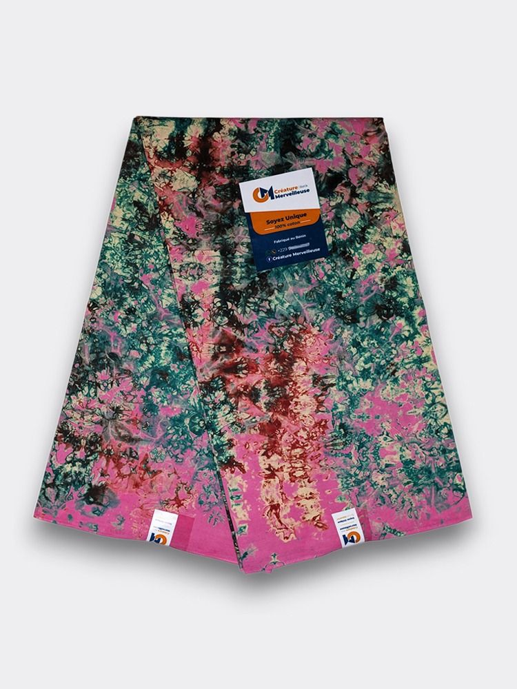Pagne africain, Tissu Batik Rose et Vert marbré, Motif Salade Unique