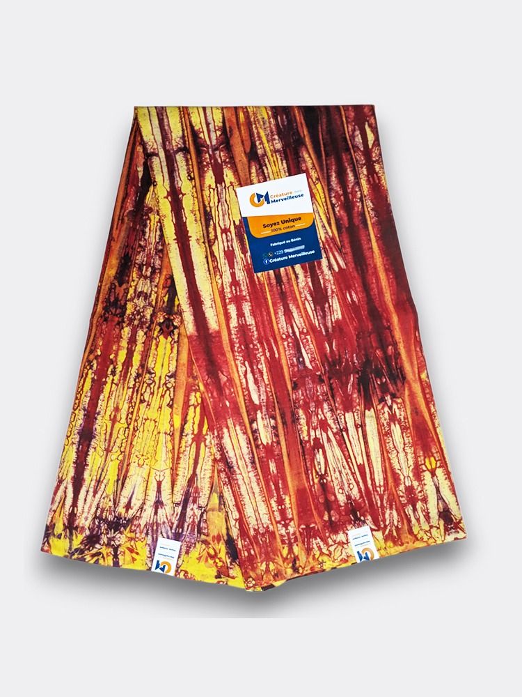 Pagne africain, Tissu Batik Rouge et Jaune – Flamboyant Naturel, Motif Ruisseau