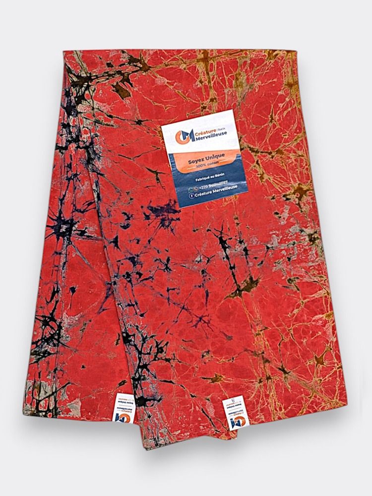 Pagne africain, Tissu Batik Rouge et Noir – Flammes d’Ébène